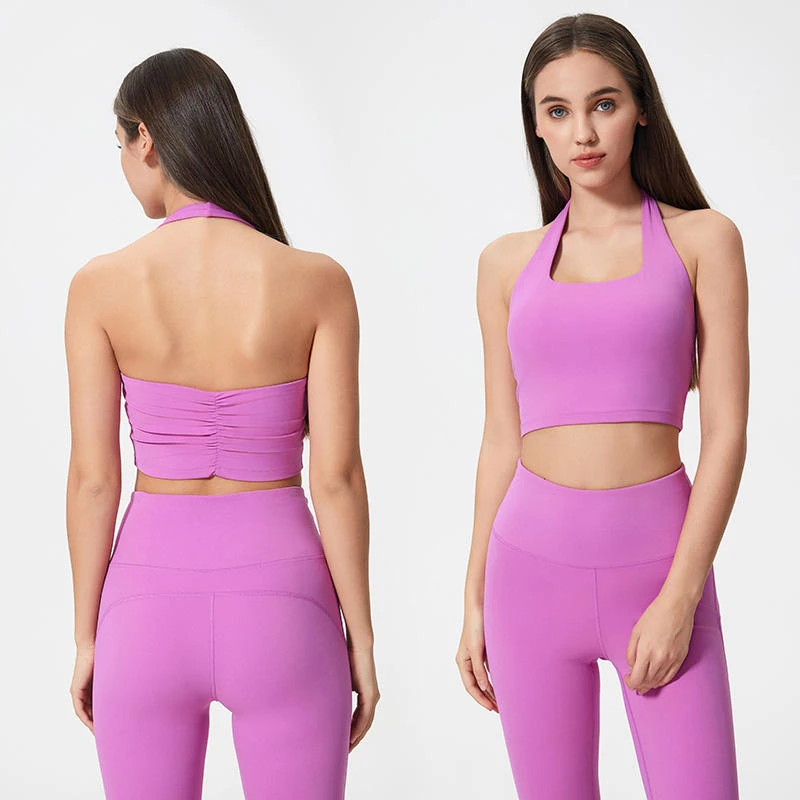 Sexy Hanging Neck Strapless High Support Yoga Sports Bra with Front Logo Lightweight Women's Fashion