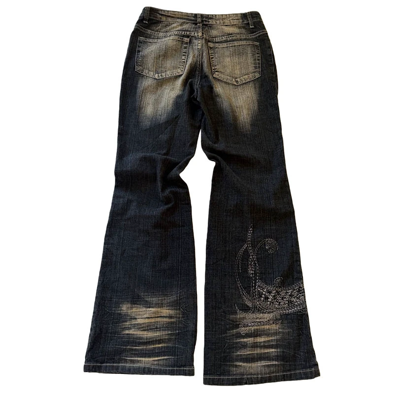 Custom Logo Women's Denim Baggy Straight with Embroidery Jeans Mid Waist Dark Washed Breathable Lightweight High Street Style