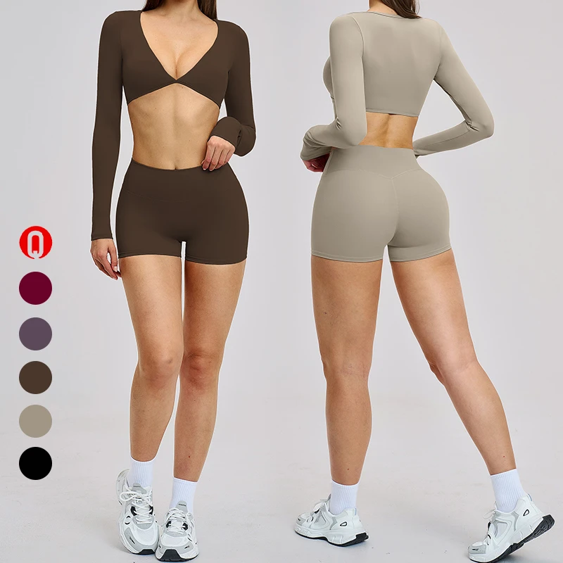 Custom Logo Women Long Sleeve Yoga Crop Tops High Elastic Waist Workout Shorts Nude Soft Gym Training 2pcs Yoga Outfit Sets
