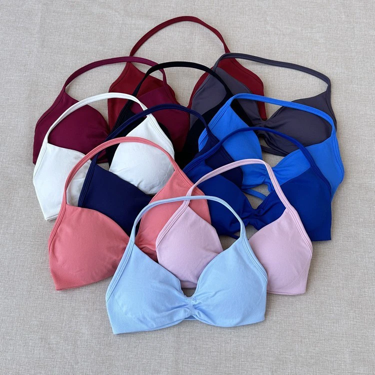 SHINBENE Halter Neck Backless Workout Front Scrunch Strappy Yoga Gym Training Seamless Sports Bra for Women