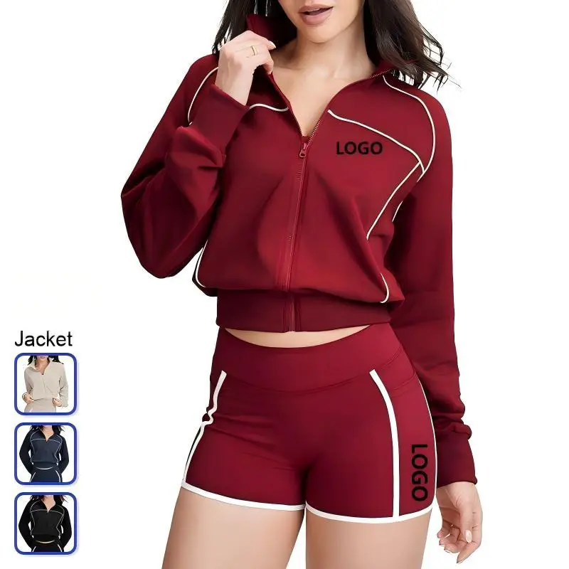 Ladies' Plus Size Solid Reversible Sports Leisure Set Stand-Up Collar Elastic Waist Jacket Tight Yoga Shorts Quick Dry Windproof
