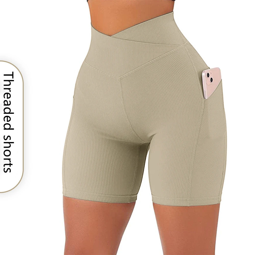 New Arrivals High Waist Thread Yoga Shorts Pockets Women Scrunch Butt Solid Moisture Wicking Breathable Spandex/Nylon Plus Size