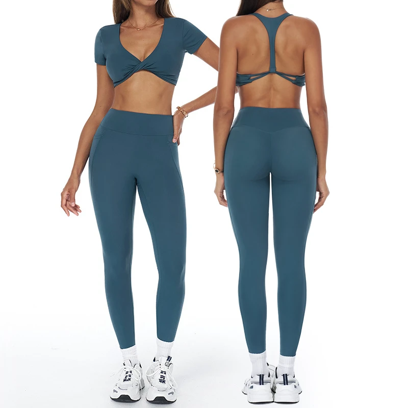 Fashionable Sexy Bra Yoga Set Breathable Quick-Dry High-Waisted Pants Short Sleeve Solid Pattern for Outdoor Running Fitness