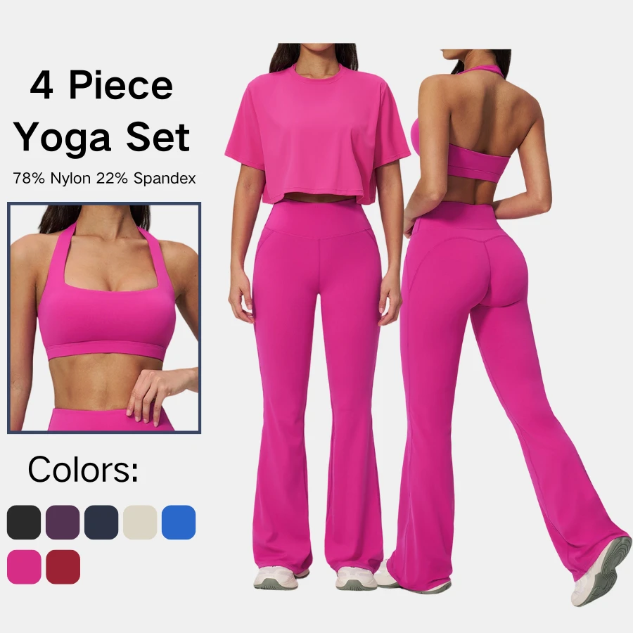 Womens Four Piece Yoga Set Halter Sports Bra Cross Back Crop Top Flare Leggings Gym Workout Fitness Activewear Outfit