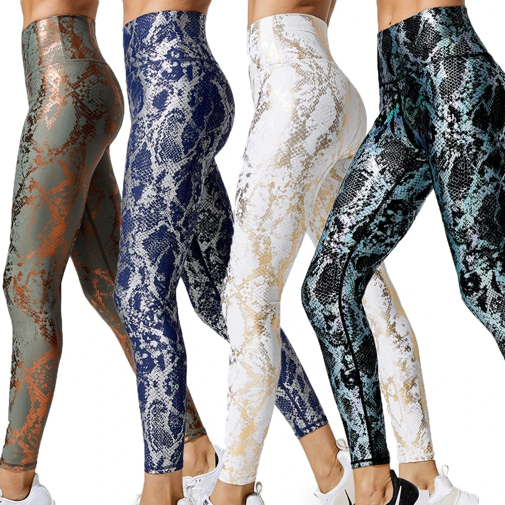 Women's Custom High Waist Gym Workout Yoga Pants Elastic Waist Trainer Scrunch Butt Snake Print Leggings Butt Lifting Effect