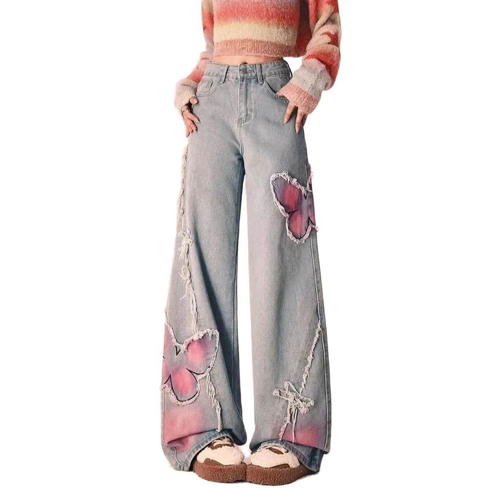 Custom Logo Vintage Distressed Eco-Friendly Polyester/Cotton Mid Waist Loose Fit Wide Leg Floral Print Patchwork Summer Women's