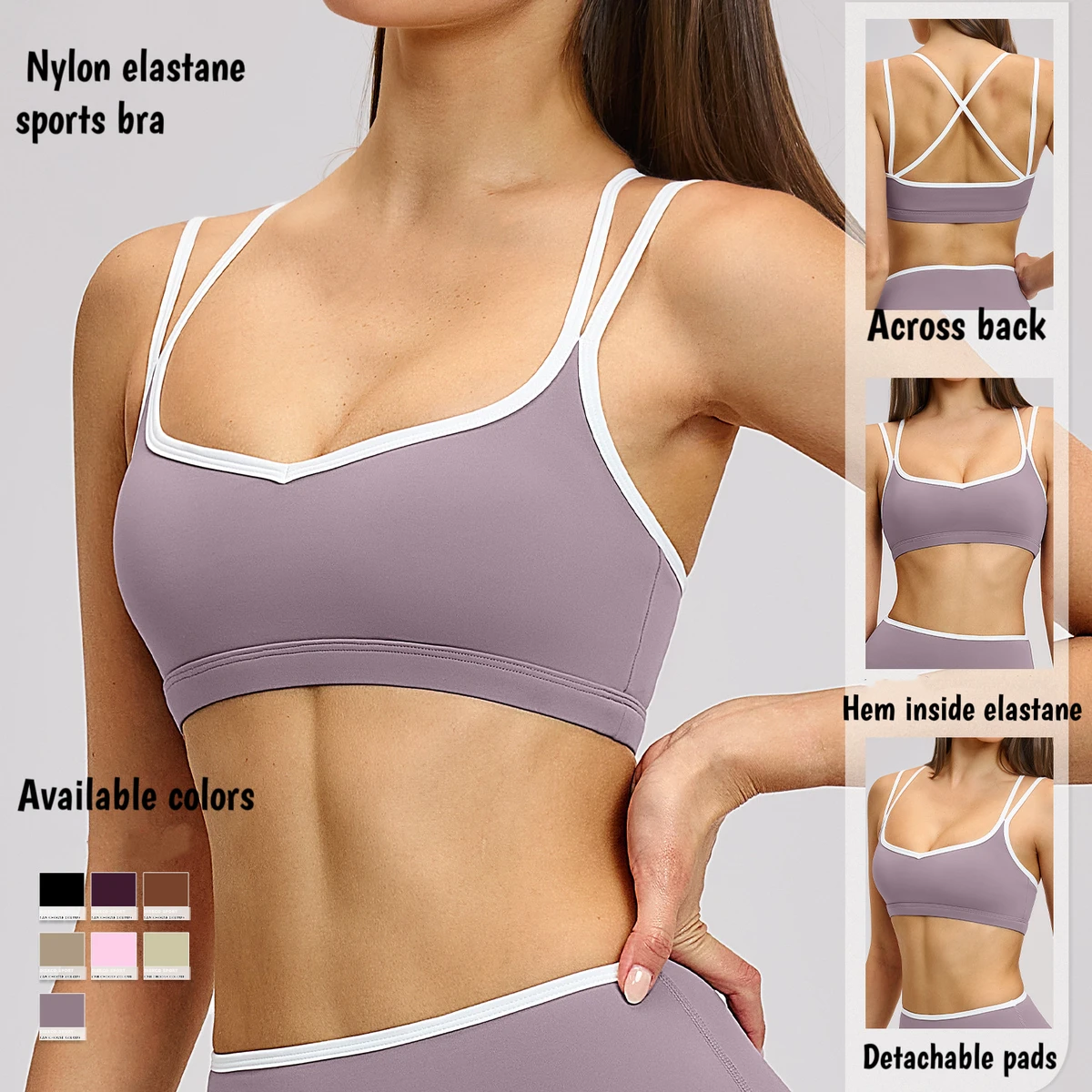 Nude Skin Women's Yoga Gym Sports Bra High Support Halter Neck Contrasted Binding Four-Way Stretch Push-Up Removable Pads Summer