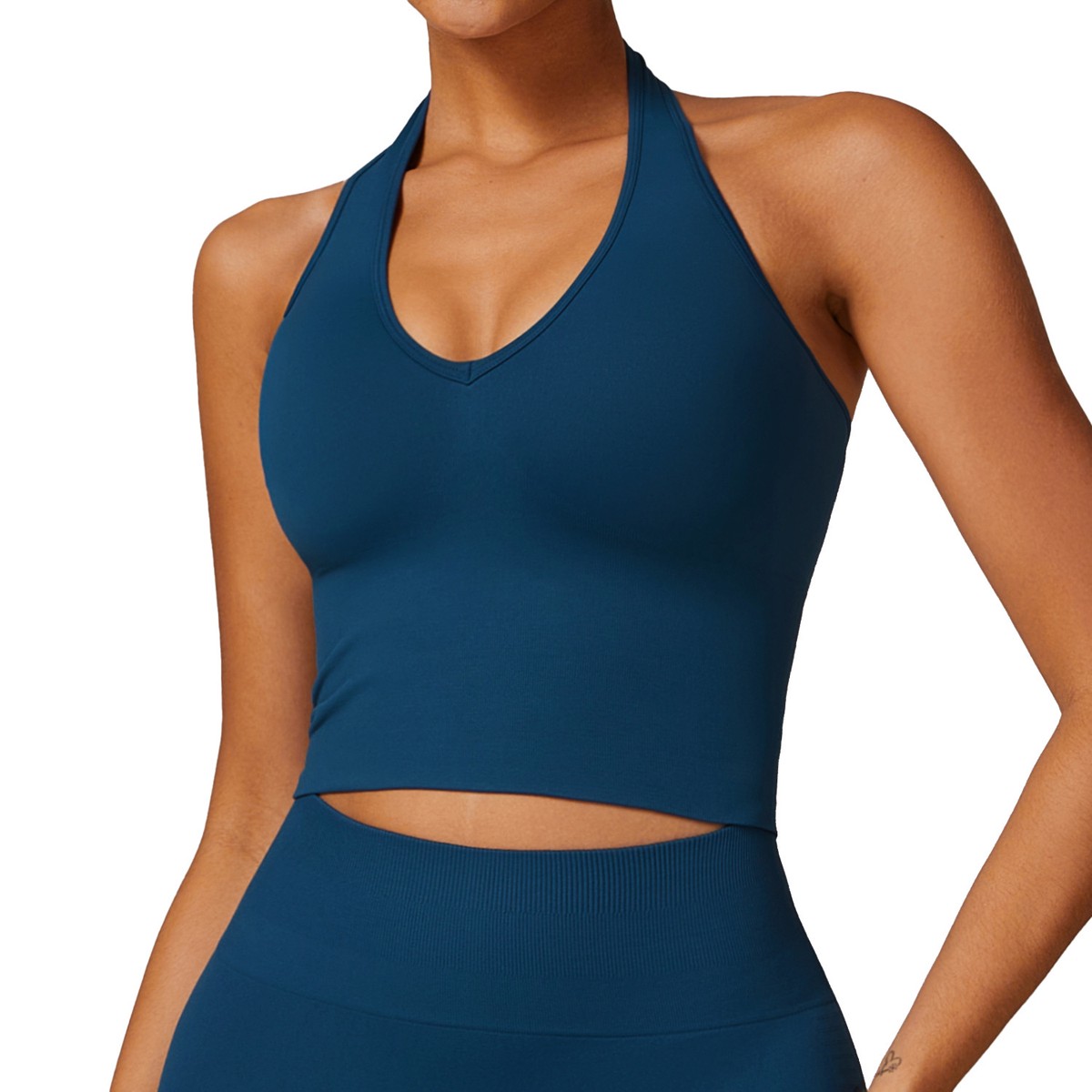Breathable Lightweight Simple V-neck Yoga Bra Seamless Four-Way Stretch Front Logo Sports Bra for Women Summer Fitness Top