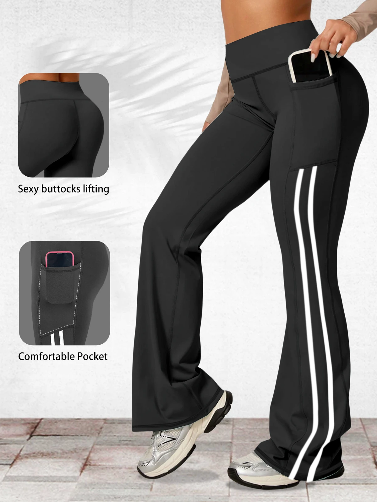 Plus Size High Waist Tummy Control Bell Wide Leg Yoga Pants with Pockets Side Strip Leggings Flare Pockets for Women