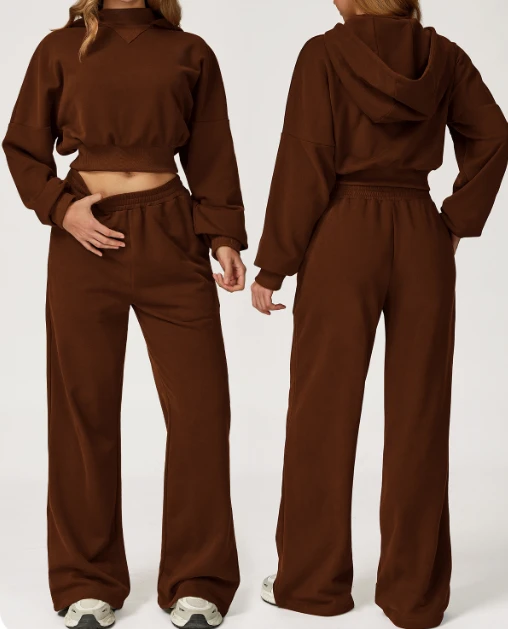 Women's Crop Hoodie Yoga Set Elastic Waistband Casual Hoodie Two-Piece Set High Waist Draped Wide Leg Pants Jogging Set