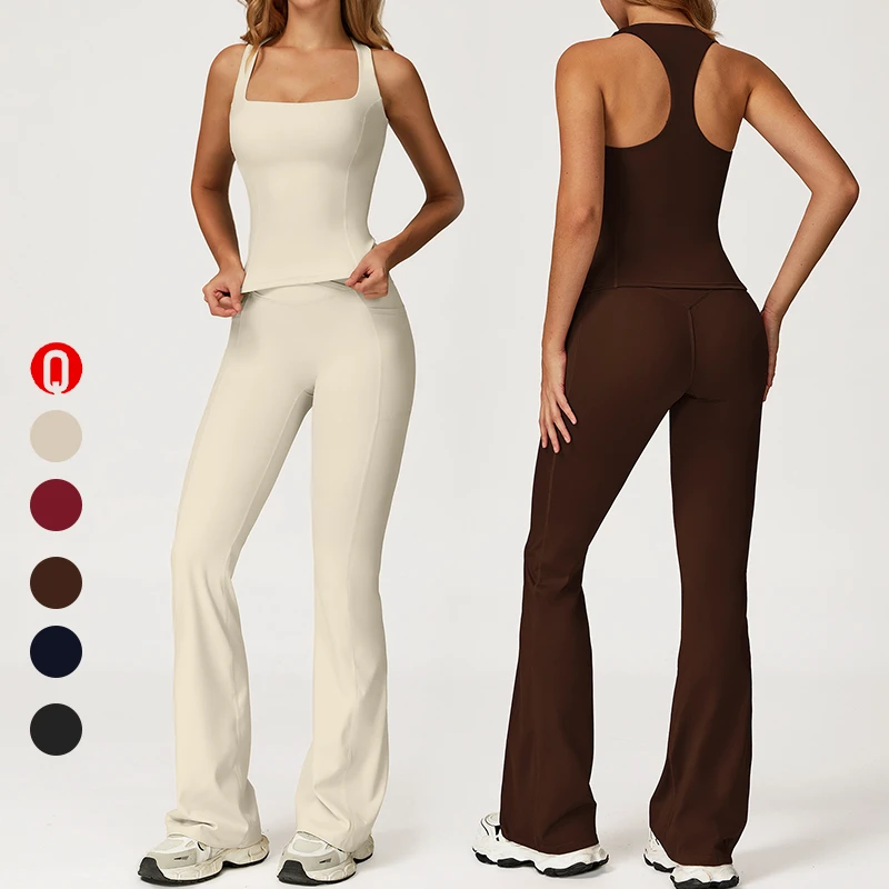 High Support Sports Sleeveless Tank Top Race Back Yoga Flared Pants Breathable Elastic Waist Front Logo Two Piece Yoga Set Women