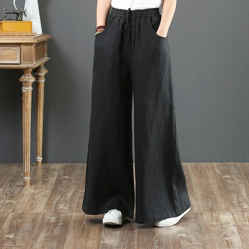Spring & Autumn Women's Loose Wide-leg Trousers Plus Size Straight Flax Fashion Solid Color Lady's Drawstring Long Pants
