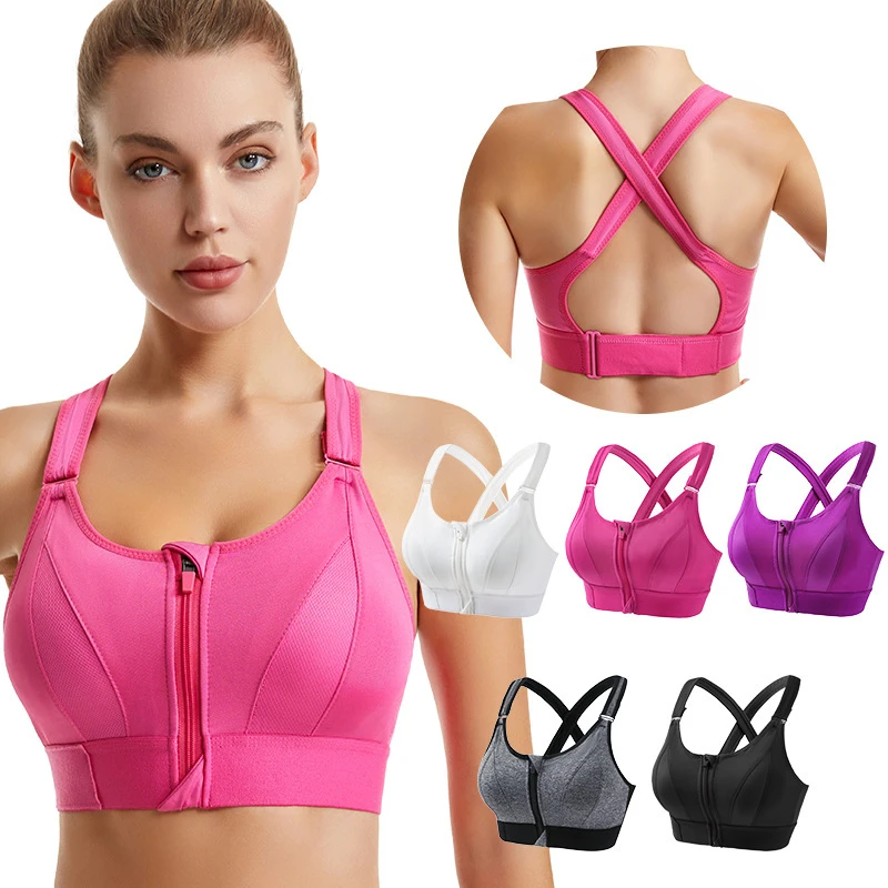 Custom Women's Wireless Cross Back Vest Plus Size Front Zip Shockproof Push Up Yoga Workout Gym Sports Bra Sports Underwear