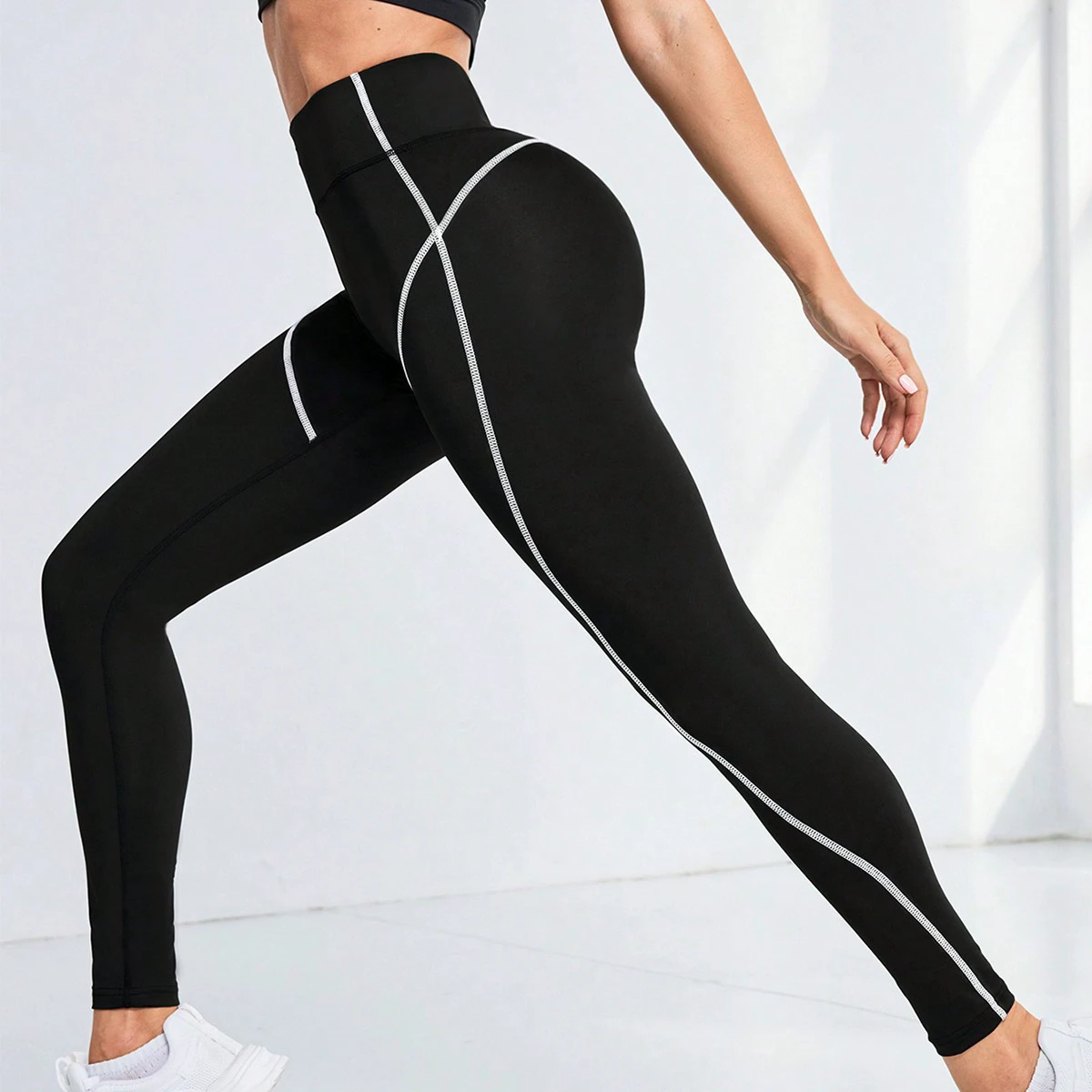 Custom Logo High Waist Women's Yoga Leggings, Contrast Stitching Quick Dry 4-Way Stretch Sports Tights for Gym Fitness