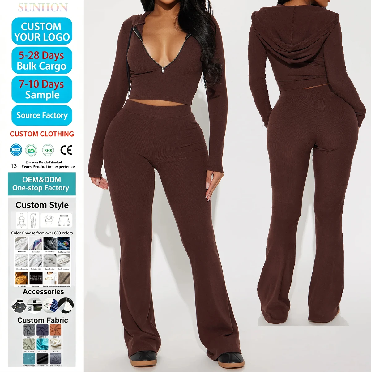 Womens Twopiece Hooded Zipper Exposed Navel Yoga Suit and Flared Pants Paired with Ribbed Knitted Elastic Casual Yoga Sportswear