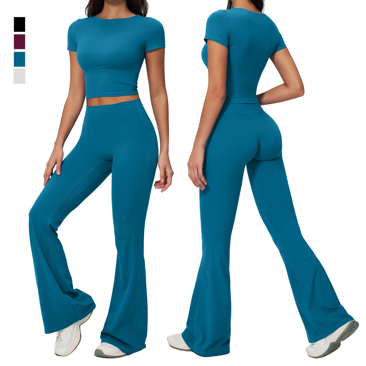 Women Solid 2 Piece Yoga Set Quick Dry Four-Way Stretch Crop Gym Top High Waist Tummy Control Workout Dance Flare Pants