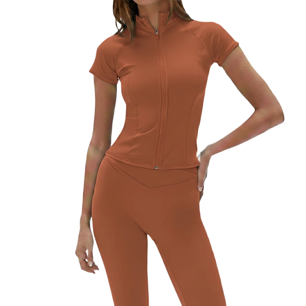 Custom Womens Gym Yoga Set Two Piece Zipper Jacket And Stretch High Waist Leggings