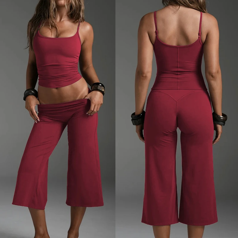 2026 Women's 2-Piece Yoga Set Quick Dry Fitness Seamless Breathable Strappy Tank Top High Waist Butt Lift Sports Bell Bottom
