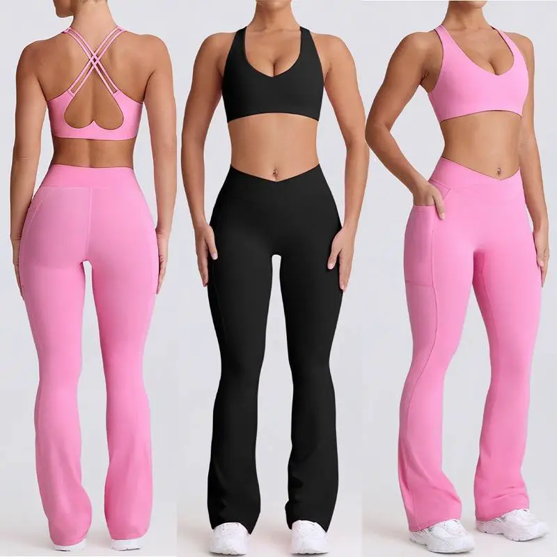 Hot Sale 4-Piece Yoga Set Slimming High-Waist Sports Bra & Shorts for Women Flared Leggings - Tummy Control Workout Outfit New