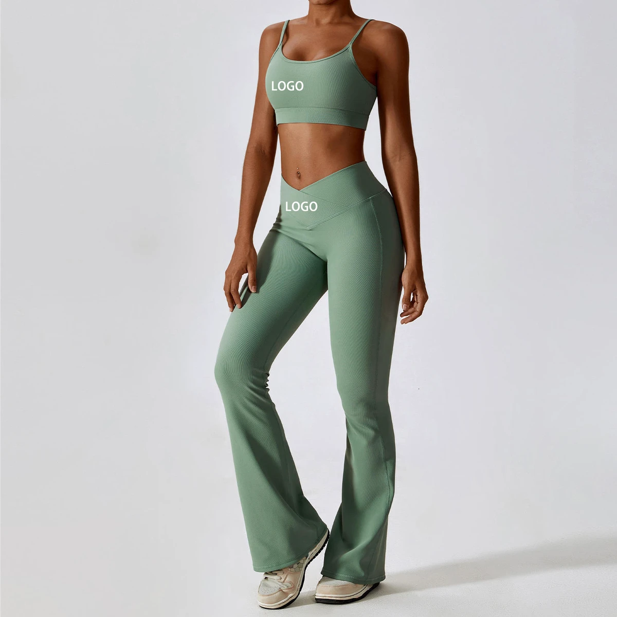 Women's Yoga Sports Set 2-Piece Outfit Mid-Waisted Scrunch Butt Leggings Solid Eco-Friendly Quick Dry for Pilates/Running/Gym