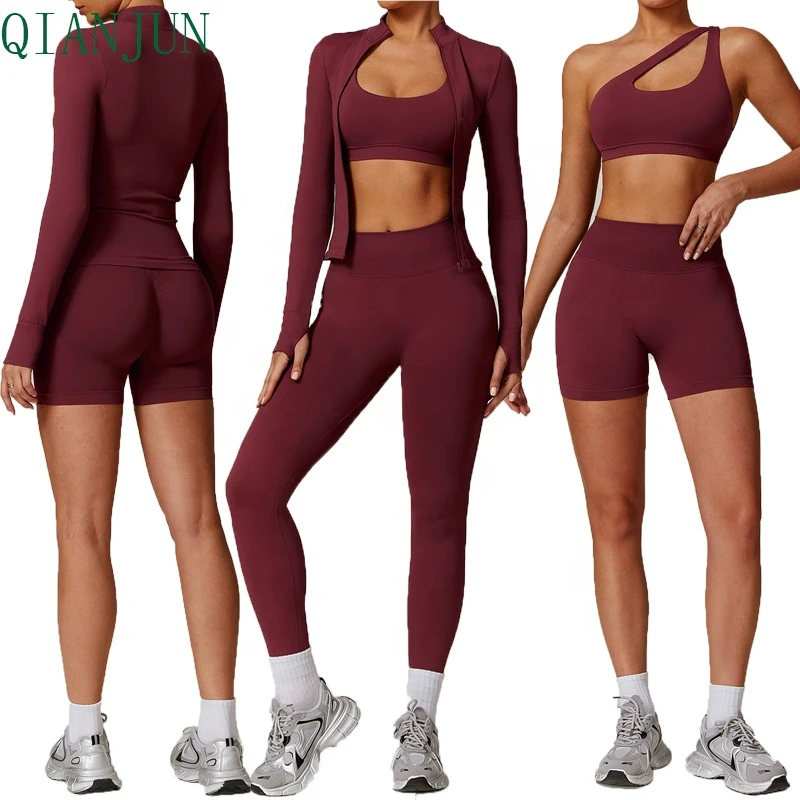 Wholesale Sports Running Yoga Set One Shoulder Bra High Waist Sports Shorts Gym Fitness Women's Clothing