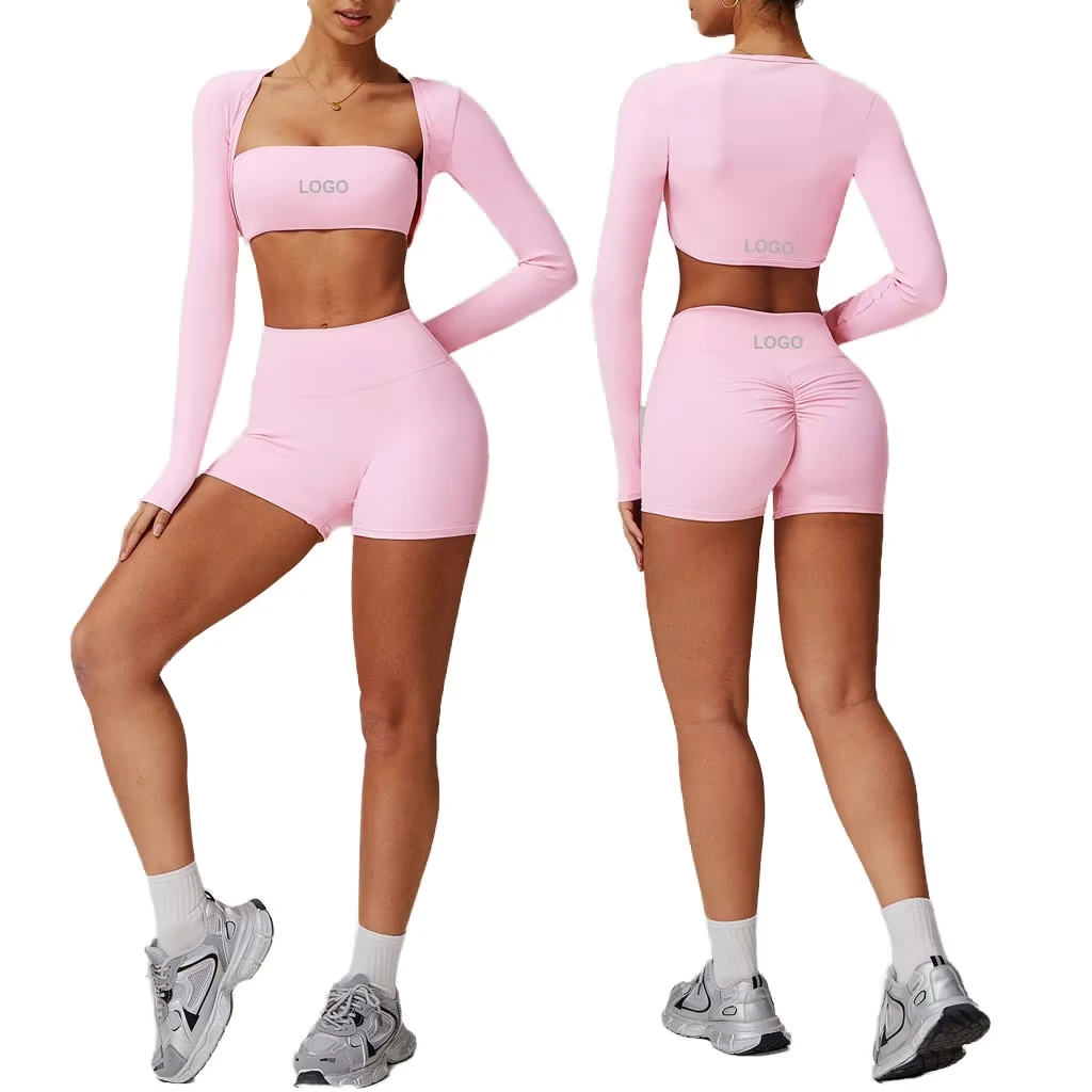 Hot Sale Sports Yoga Set High Waist Short Suit Long Sleeve Workout Wear Gym Sportswear Women Fitness Clothes Yoga Set