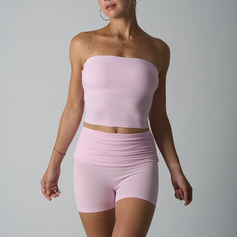 SK1345&1347 Cotton Yoga Wear Padded Bra And Shorts Sets Strapless Off Shoulder Sexy Tank Top Shorts 2 Pieces