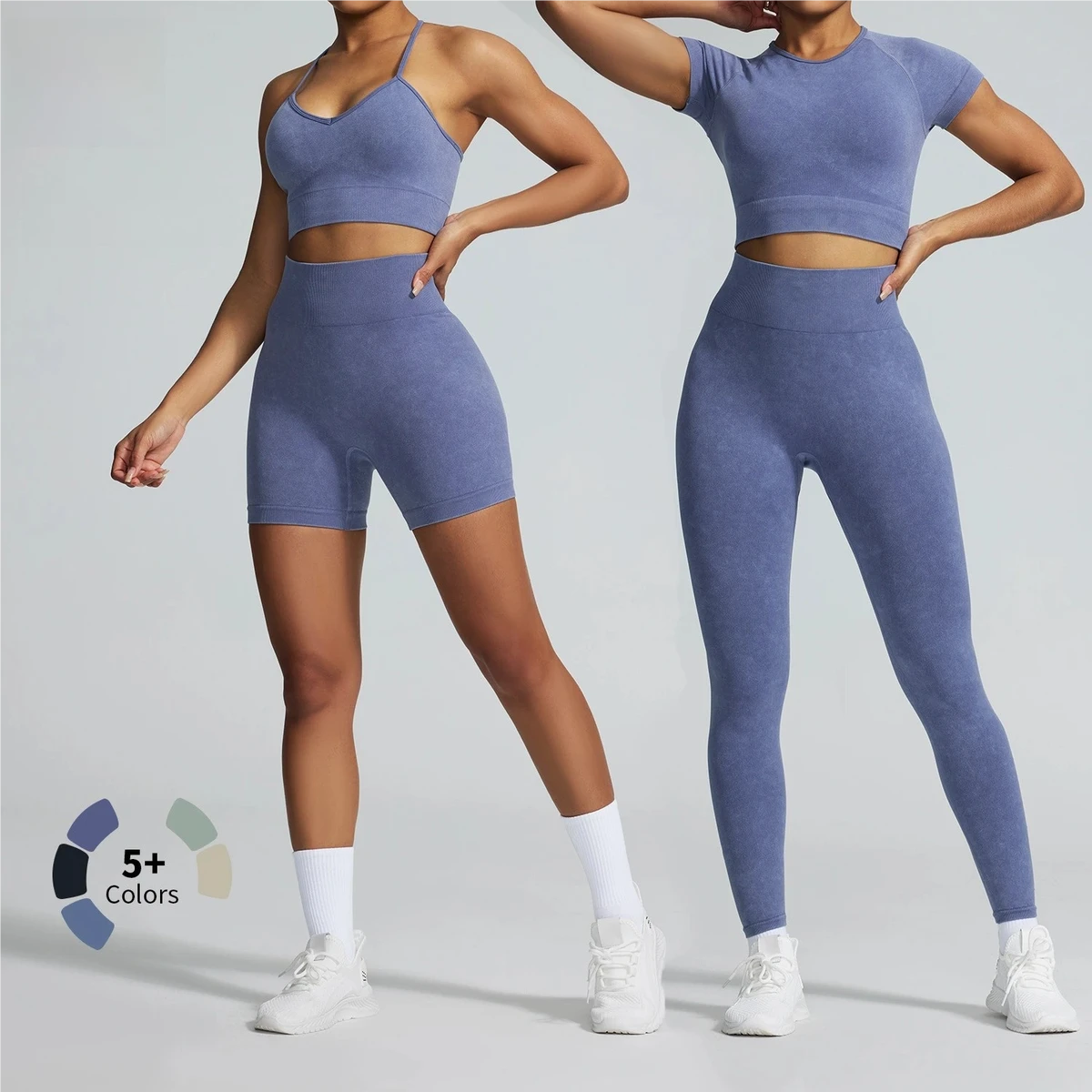 Custom Women's Workout 2-Piece Seamless Solid Breathable Eco-Friendly Halter V-neck Backless Yoga Set Elastic Waist Front Logo