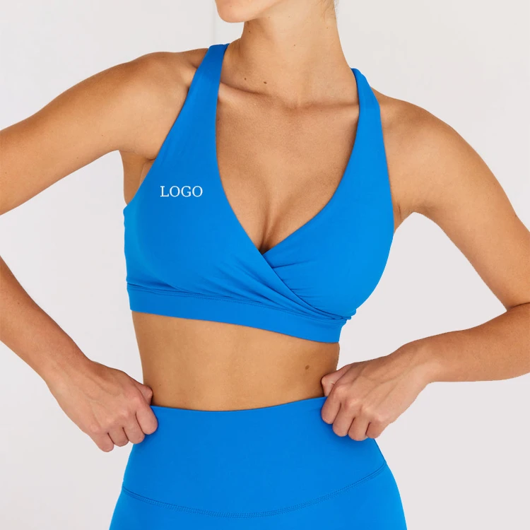 Blue Wrap Front Sports Bra With Wide Straps And High Support For Women