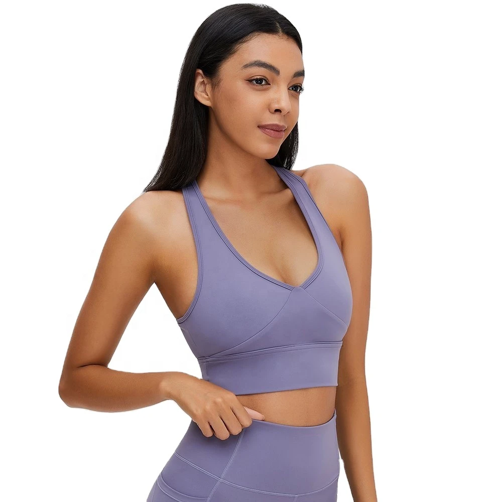 High Support V Neck Cross Back Yoga Gym Soft Sports Bra with Wide Straps Mesh Nylon/Cotton Four-Way Stretch
