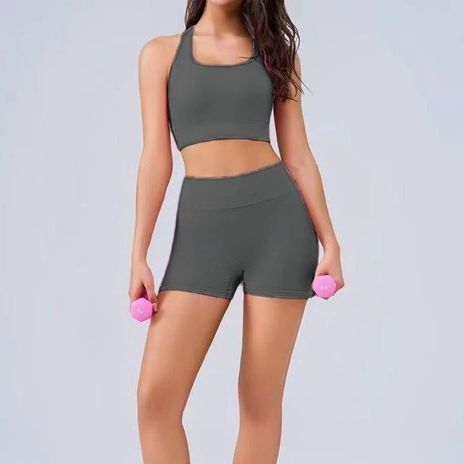 New Cross-Border Sports Bra Vest High-Waist Butt-Lifting Running Shorts Fitness Seamless Fitted Solid Color Pull-On Yoga Suit