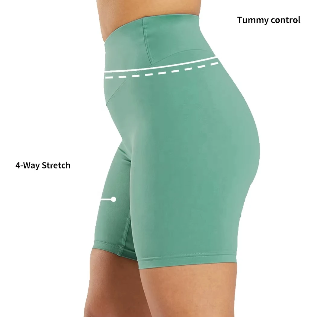 High Waist Solid Color Knitted Sport Shorts Women Tummy Control 4-Way Stretch Elastic Waist Skinny Fit Workout Wear