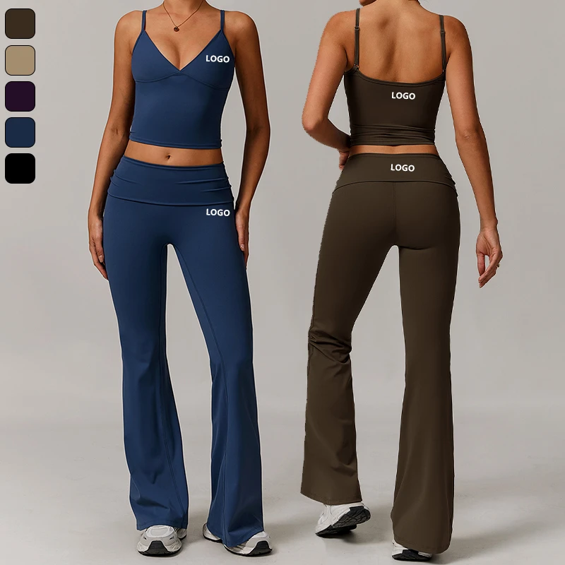 XW-TZ8998-2 Best Selling Soft Breathable Cropped Top Vest High Waist Casual Flared Pants Women Yoga Gym 2-Piece Set