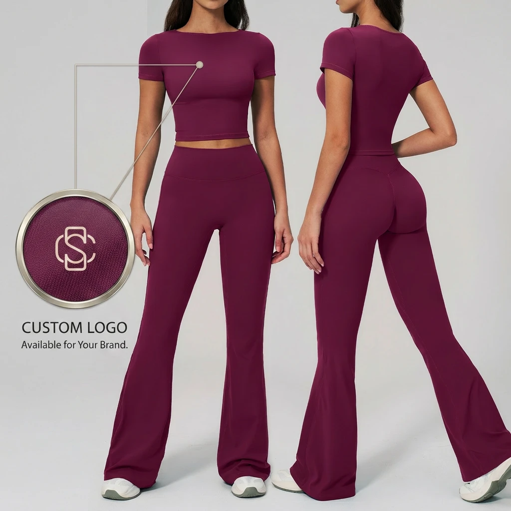Custom Logo Private Label Yoga Set Women Short Sleeve Crop Top and High Waist Flared Leggings Workout Fitness Sportswear Set