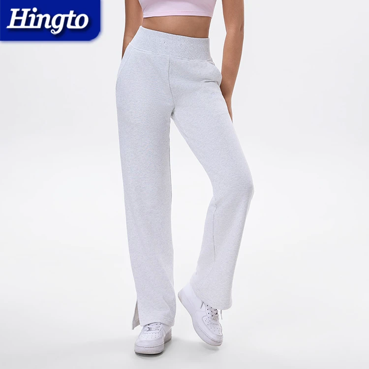 ODM 72%Cotton 28%Polyester Side Split Cotton Casual Trousers Sports Jogger for Women High Waist Long Wide Leg Yoga Loose Pants