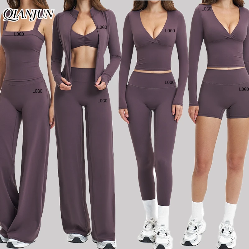 Custom Women's 7-Piece Yoga Set Activewear Spandex/Nylon Breathable Quick Dry Long Sleeve Top High Waist Legging Yoga Set