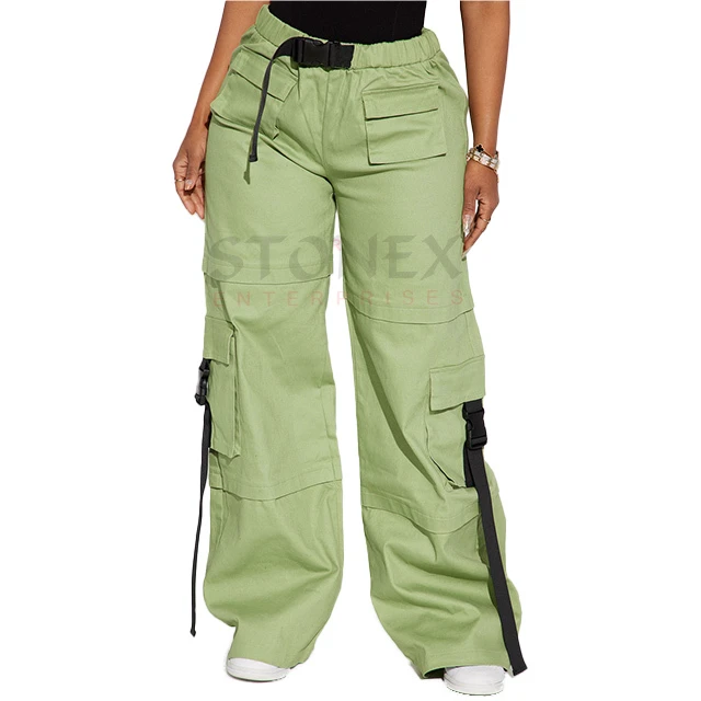 Women's Canvas Cargo Pants Mid Rise Elastic Waistband Breathable Quick Dry Utility Pockets Wide Leg Custom Made Wholesale Price