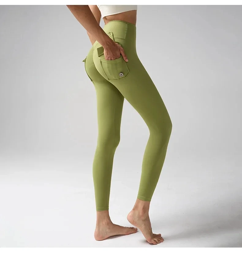 Womens High Waist Tummy Control Cargo Yoga Leggings with Pockets Solid Spandex Gym Tights for Running Workout
