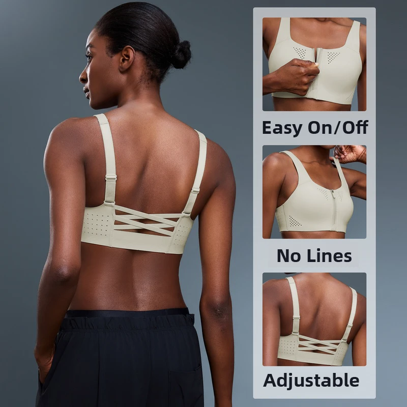 Women's High for Fitness Yoga Bra Breathable Quick Dry Four-Way Stretch Front Zipper Adjustable Shoulder Strap Lightweight