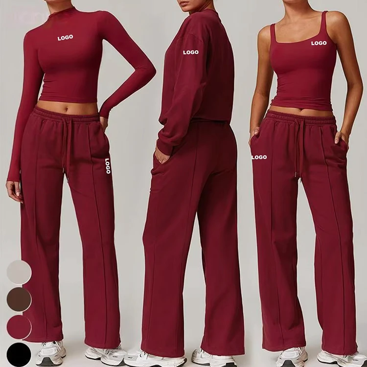 Bulk Order Women's 4-Piece Workout Set - Long Sleeve Crop Top High-Waisted Joggers Sports Bra Yoga Vest | Gym Lounge Wear Suit