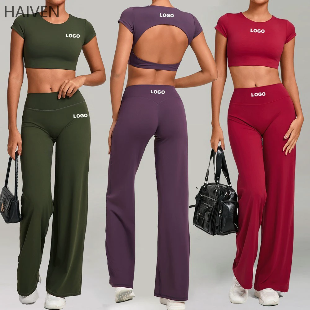 Quick Dry Active Wear High Waist Tummy Control Design Nude Feel Yoga Leggings Yoga Crop Top Shirt Wid Leg Flare Pants