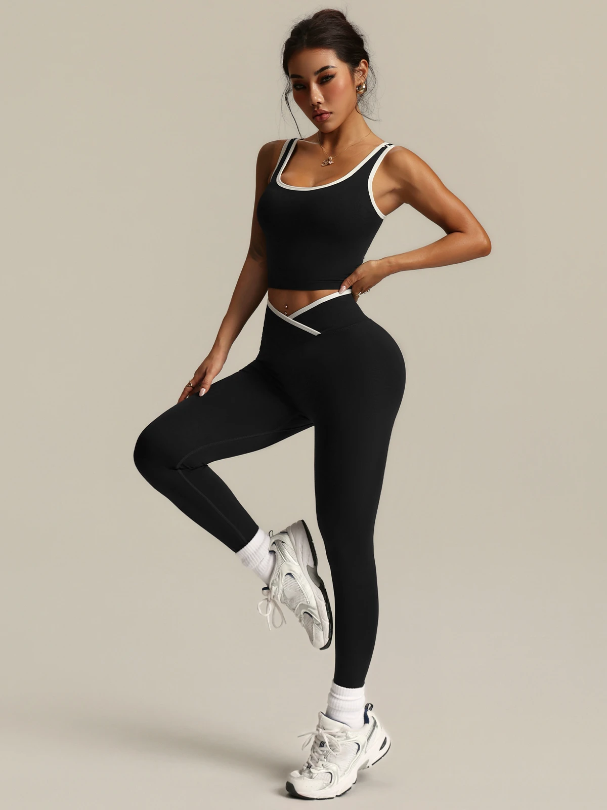 Women's Yoga Wear Set Solid 2-Piece Fitness Sportswear Breathable Sleeveless Tank Top High Waist Tummy Control Leggings Gym