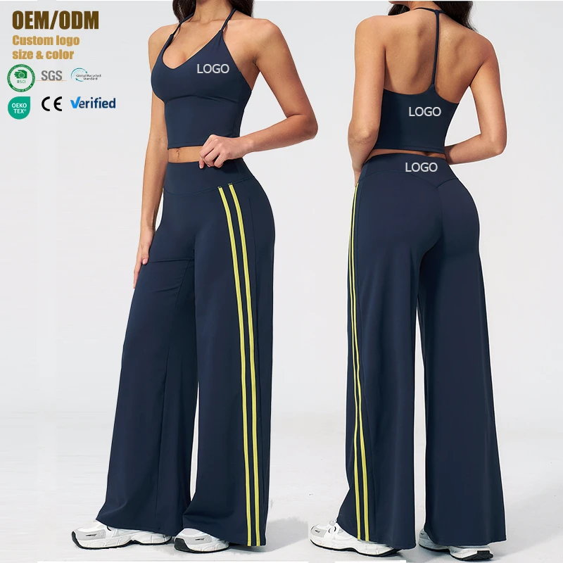 Women's V-neck Backless Collarless Top Straight Pants Side Stripes Solid Quick-drying Yoga Suit Sets