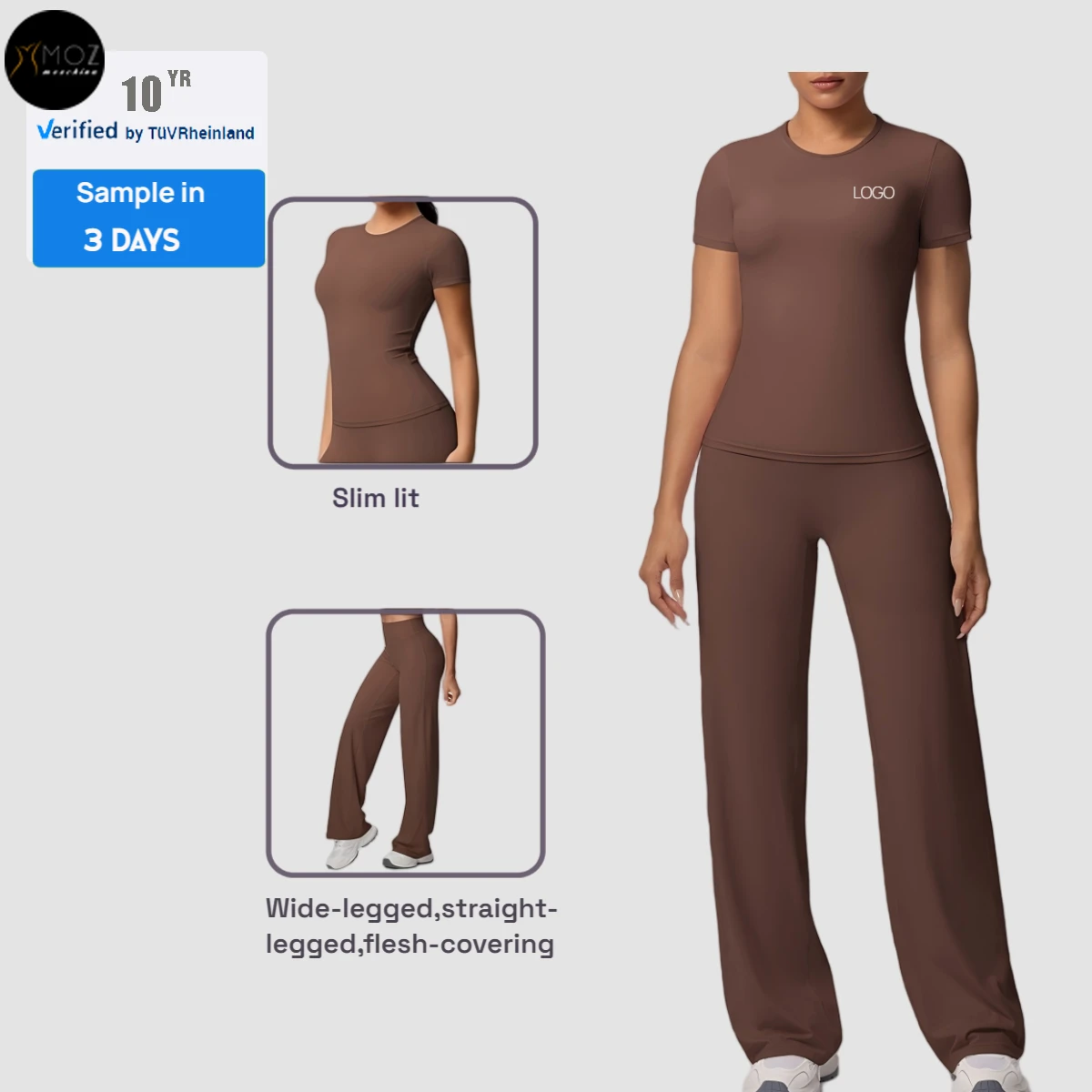 Women's Brushed Solid Fitted Short Sleeve Wide-Leg 2-Piece Set Elastic Waist High Quick Dry Breathable Custom Gym Yoga