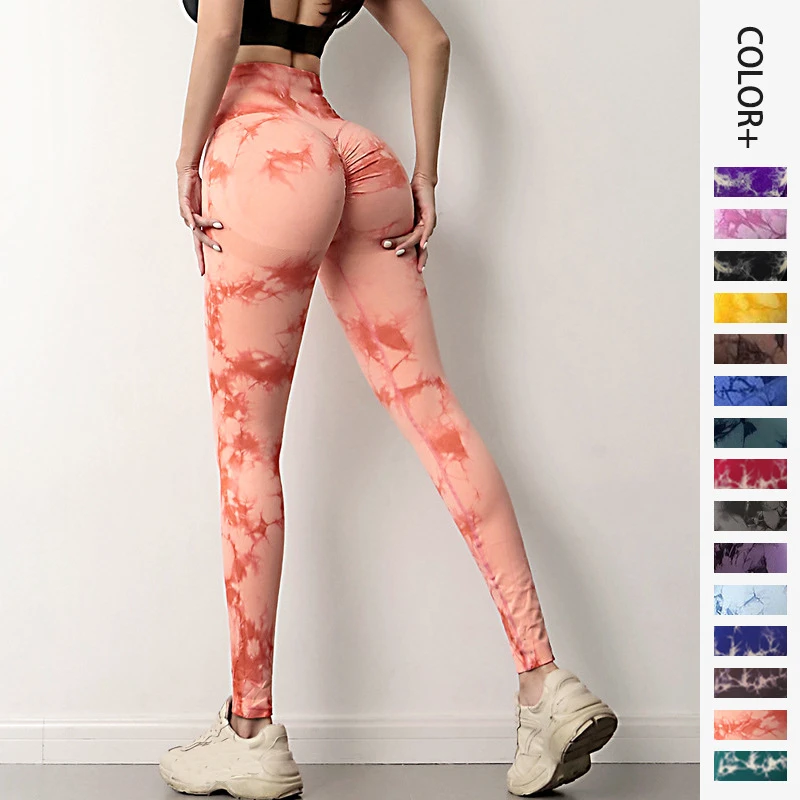 2023 Gym High Waist Lip Peach Hip Running Breathable Stretch Skinny Tie Dye Sports Fitness Seamless Women Yoga Leggings
