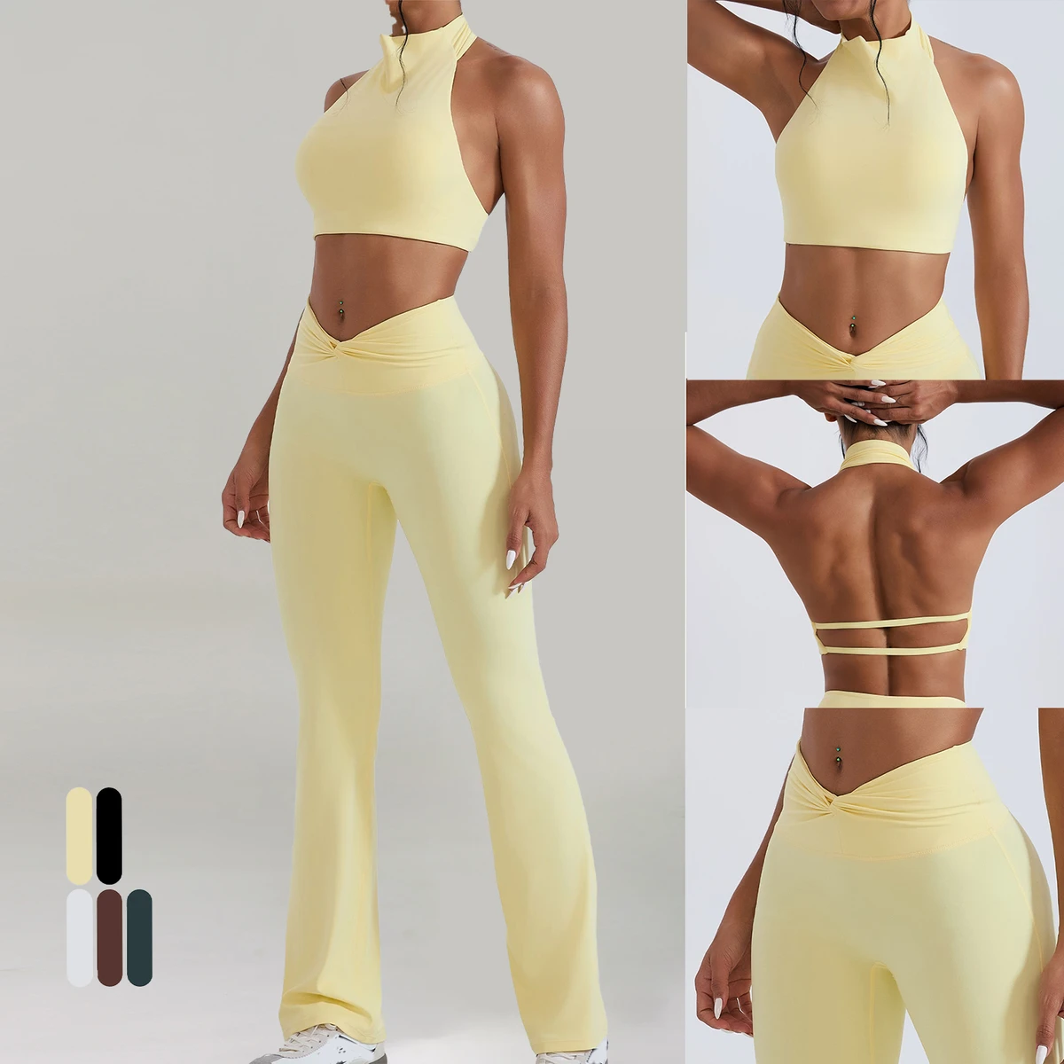 2 Piece High Waist Micro-Flared Pants Halter Sports Bra Fitness European American Cross-Border Solid Sports Quick Dry Yoga Set