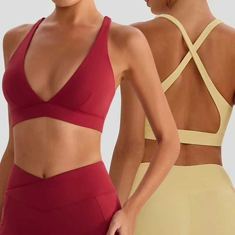 Deep V Neck Cross Back Padded Breathable Simple Sports Bra Women Lightweight Yoga Crop Top Quick Dry Fitness Activewear Plus