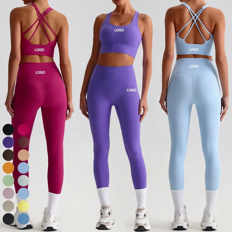 High Quality Women's Medium Impact Cross Back Sports Bra Set Breathable High Waist Yoga Leggings 2pcs Gym Fitness Sets for Women