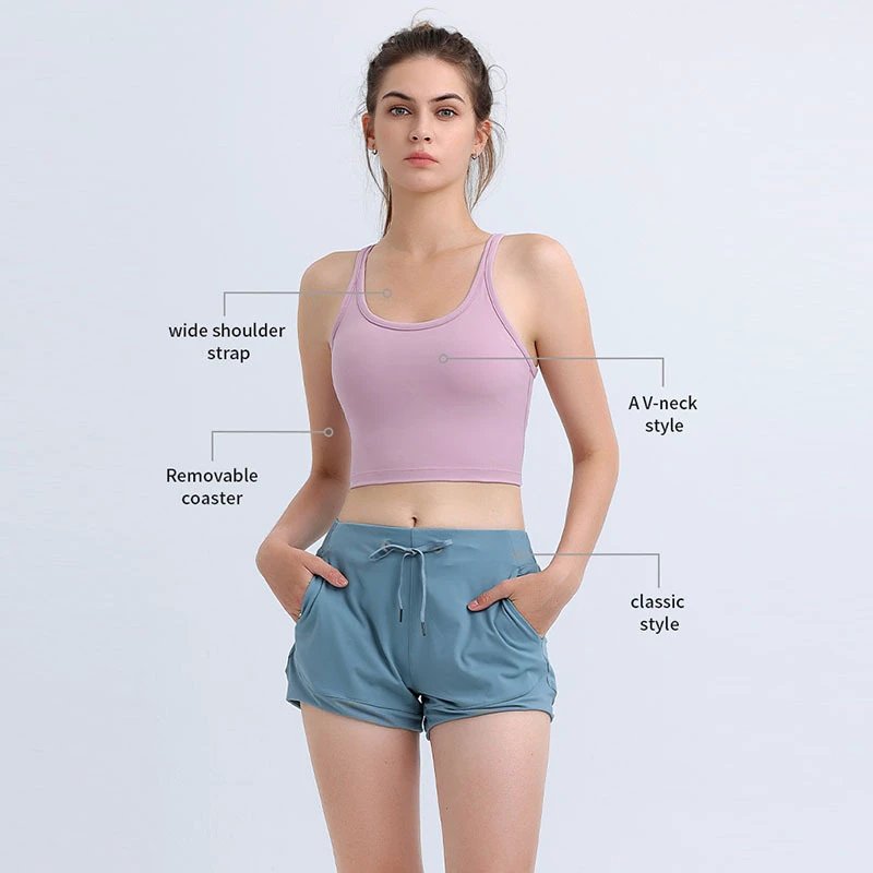 Custom Stretch Nylon Spandex Straight Straps Removable Compressive Middle Support U-Neckline Training Sports Yoga Bra