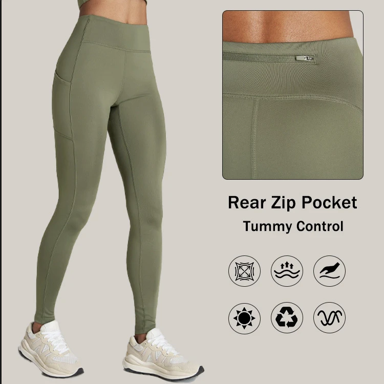 Rear Zip Pocket Tummy Control Workout Women Yoga Quick Dry Elastic Waist Breathable Pilates Recycled Fabric Legging for Women
